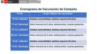 Cronograma de Vacunación de Campaña
Fecha Grupo Objetivo de vacunación
10 oct. (sábado) Adultos comorbilidad, adultos mayores 60 años.
11 oct. (domingo) Niños menores de 5 años, adolescentes, mujeres gestantes
07 nov. (sábado) Adultos comorbilidad, adultos mayores 60 años.
08 nov. (domingo) Niños menores de 5 años, adolescentes, mujeres gestantes
12 dic. (sábado) Adultos comorbilidad, adultos mayores 60 años.
13 dic. (domingo) Niños menores de 5 años, adolescentes, mujeres gestantes
 