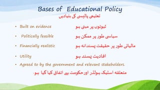 Bases of Educational Policy
‫ی‬ ‫پالیس‬ ‫تعلیمی‬
‫بنیادیں‬ ‫کی‬
• Built on evidence ‫ہو‬ ‫مبنی‬ ‫پر‬ ‫ں‬‫ثبوتو‬
• Politically feasible ‫ہو‬ ‫ممکن‬ ‫پر‬‫ر‬‫طو‬ ‫ی‬ ‫سیاس‬
• Financially realistic ‫ہو‬ ‫پسندانہ‬‫حقیقت‬ ‫پر‬ ‫ر‬‫طو‬ ‫مالیاتی‬
• Utility ‫ہو‬ ‫پسند‬ ‫افادیت‬
• Agreed to by the government and relevant stakeholders.
‫ہو‬ ‫گیا‬ ‫کیا‬‫اتفاق‬ ‫سے‬‫حکومت‬‫ر‬‫او‬ ‫ہولڈر‬ ‫اسٹیک‬ ‫متعلقہ‬
‫۔‬
 