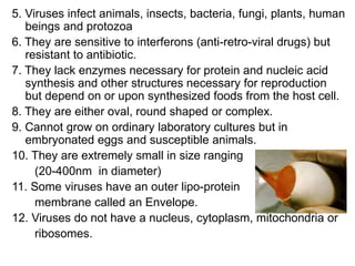 5. Viruses infect animals, insects, bacteria, fungi, plants, human
beings and protozoa
6. They are sensitive to interferons (anti-retro-viral drugs) but
resistant to antibiotic.
7. They lack enzymes necessary for protein and nucleic acid
synthesis and other structures necessary for reproduction
but depend on or upon synthesized foods from the host cell.
8. They are either oval, round shaped or complex.
9. Cannot grow on ordinary laboratory cultures but in
embryonated eggs and susceptible animals.
10. They are extremely small in size ranging
(20-400nm in diameter)
11. Some viruses have an outer lipo-protein
membrane called an Envelope.
12. Viruses do not have a nucleus, cytoplasm, mitochondria or
ribosomes.
 