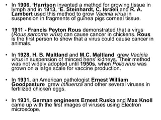 • In 1906, ‘Harrison invented a method for growing tissue in
lymph and in 1913, ‘E. Steinhardt, C. Israeli and R. A.
Lambert used this method to grow Vacinia virus in
suspension in fragments of guinea pigs corneal tissue.
• 1911 - Francis Peyton Rous demonstrated that a virus
(Rous sarcoma virus) can cause cancer in chickens. Rous
is the first person to show that a virus could cause cancer in
animals.
• In 1928, H. B. Maltland and M.C. Maltland grew Vacinia
virus in suspension of minced hens’ kidneys. Their method
was not widely adopted until 1950s, when Poliovirus was
grown on a large scale for vaccine production.
• In 1931, an American pathologist Ernest William
Goodpasture grew Influenza and other several viruses in
fertilized chicken eggs.
• In 1931, German engineers Ernest Ruska and Max Knoll
came up with the first images of viruses using Electron
microscope.
 