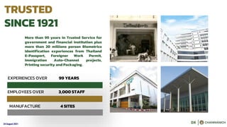 24 August 2021
TRUSTED
SINCE 1921
DX
EXPERIENCES OVER 99 YEARS
EMPLOYEES OVER 3,000 STAFF
MANUFACTURE 4 SITES
More than 99 years in Trusted Service for
government and financial institution plus
more than 20 millions person Biometrics
Identification experiences from Thailand
E-Passport, Foreigner Work Permit,
Immigration Auto-Channel projects,
Printing security and Packaging.
 