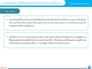พ.ศ. ๒๔๒๙
• พม่ำตกเป็นเมืองขึ้นของอังกฤษ สถำบันกษัตริย์ถูกโค่นลงส่งผลให้พระพุทธศำสนำได้รับควำมกระทบกระเทือนไปด้วย
แต่ชำวพม่ำก็ยังคงมีควำมศรัทธำในพระพุทธศำสนำอย่ำงหนำแน่น และพยำยำมประคับประคองสถำบัน
พระพุทธศำสนำให้ธำรงอยู่ได้ตลอดมำ
• พม่ำได้รับเอกรำชจำกกำรปกครองของประเทศอังกฤษ รัฐบำลพม่ำภำยใต้กำรนำโดยรัฐบำลของนำยอูนุได้พยำยำม
ฟื้นฟูพระพุทธศำสนำโดยจัดให้มีกำรสังคำยนำพระไตรปิฎกครั้งที่ ๖ ขึ้นโดยรัฐบำลพม่ำได้นิมนต์พระเถระผู้เชี่ยวชำญ
พระไตรปิฎกไปจำกประเทศไทย ศรีลังกำ ลำว และกัมพูชำ ให้เดินทำงไปร่วมเป็นจำนวนมำก
กำรเผยแผ่พระพุทธศำสนำ
กำรเผยแผ่และกำรนับถือพระพุทธศำสนำเข้ำสู่ประเทศเพื่อนบ้ำน
 