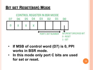 • If MSB of control word (D7) is 0, PPI
works in BSR mode.
• In this mode only port C bits are used
for set or reset.
BIT SET RESET(BSR) MODE
15
 
