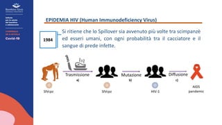EPIDEMIA HIV (Human Immunodeficiency Virus)
Si ritiene che lo Spillover sia avvenuto più volte tra scimpanzè
ed esseri umani, con ogni probabilità tra il cacciatore e il
sangue di prede infette.
1984
Trasmissione Mutazione Diffusione
 