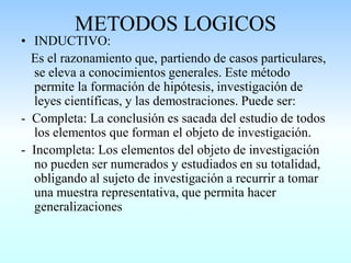 METODOS LOGICOS
• INDUCTIVO:
Es el razonamiento que, partiendo de casos particulares,
se eleva a conocimientos generales. Este método
permite la formación de hipótesis, investigación de
leyes científicas, y las demostraciones. Puede ser:
- Completa: La conclusión es sacada del estudio de todos
los elementos que forman el objeto de investigación.
- Incompleta: Los elementos del objeto de investigación
no pueden ser numerados y estudiados en su totalidad,
obligando al sujeto de investigación a recurrir a tomar
una muestra representativa, que permita hacer
generalizaciones
 