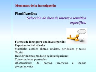 Planificación:
Selección de área de interés o temática
específica.
Fuentes de ideas para una investigación:
Experiencias individuales
Materiales escritos (libros, revistas, periódicos y tesis).
Teorías
Descubrimientos producto de investigaciones
Conversaciones personales
Observaciones de hechos, creencias e incluso
presentimientos.
Momentos de la Investigación
 
