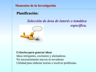 Planificación:
Selección de área de interés o temática
específica.
Criterios para generar ideas
Ideas intrigantes, excitantes y alentadoras.
No necesariamente nuevas ni novedosas
Utilidad para elaborar teorías o resolver problemas.
Momentos de la Investigación
 