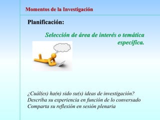 Planificación:
Selección de área de interés o temática
específica.
¿Cuál(es) ha(n) sido su(s) ideas de investigación?
Describa su experiencia en función de lo conversado
Comparta su reflexión en sesión plenaria
Momentos de la Investigación
 