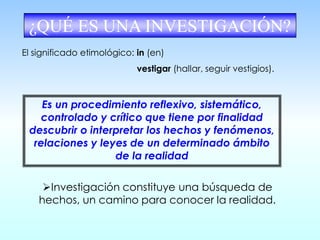 ¿QUÉ ES UNA INVESTIGACIÓN?
El significado etimológico: in (en)
vestigar (hallar, seguir vestigios).
Es un procedimiento reflexivo, sistemático,
controlado y crítico que tiene por finalidad
descubrir o interpretar los hechos y fenómenos,
relaciones y leyes de un determinado ámbito
de la realidad
➢Investigación constituye una búsqueda de
hechos, un camino para conocer la realidad.
 