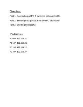 Objectives:
Part 1: Connecting all PC & switches with wire/cable.
Part 2: Sending data packet from one PC to another.
Part 3: Sending successful.
IP Addresses:
PC 0 IP: 192.168.2.1
PC 1 IP: 192.168.2.2
PC 2 IP: 192.168.2.3
PC 3 IP: 192.168.2.4
 
