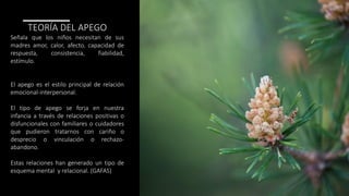 TEORÍA DEL APEGO
Señala que los niños necesitan de sus
madres amor, calor, afecto, capacidad de
respuesta, consistencia, fiabilidad,
estímulo.
El apego es el estilo principal de relación
emocional-interpersonal.
El tipo de apego se forja en nuestra
infancia a través de relaciones positivas o
disfuncionales con familiares o cuidadores
que pudieron tratarnos con cariño o
desprecio o vinculación o rechazo-
abandono.
Estas relaciones han generado un tipo de
esquema mental y relacional. (GAFAS)
 