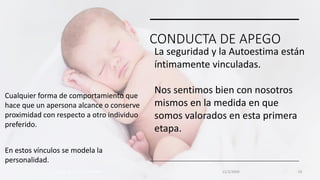CONDUCTA DE APEGO
Cualquier forma de comportamiento que
hace que un apersona alcance o conserve
proximidad con respecto a otro individuo
preferido.
En estos vínculos se modela la
personalidad.
TÍTULO DE LA PRESENTACIÓN 11/2/20XX 19
La seguridad y la Autoestima están
íntimamente vinculadas.
Nos sentimos bien con nosotros
mismos en la medida en que
somos valorados en esta primera
etapa.
 
