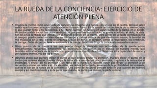 LA RUEDA DE LA CONCIENCIA: EJERCICIO DE
ATENCIÓN PLENA
11/2/20XX TEDUCACIÓN EMOCIONAL 47
• Imagina la mente como una rueda de conciencia. Imagina una rueda, con un eje en el centro, del que salen
radios que lo conectan con el borde exterior llamado llanta. En la rueda de la conciencia de tu mente, todo
lo que puede llegar a tu conciencia, a tu “darte cuenta”, se hallaría en algún punto de la llanta, en el borde.
Un sector podría incluir los cinco sentidos: lo que percibes con el tacto, el gusto, el olfato, el oído, la vista.
Son los cinco sentidos que introducen el mundo exterior en la mente. Otro sector de la llanta correspondería
al cuerpo: puedo poner mi atención en mi cuerpo y darme cuenta de que siento mis manos, la tensión de
mis músculos de la cara, siento los órganos debajo del torso: el corazón, siento la respiración, los intestinos,
la barriga…Todo el cuerpo lleva su sabiduría a la mente. Podemos dirigir la conciencia a nuestro cuerpo.
• Otros puntos de la rueda a los que puedo dirigir la atención son actividades de la mente como
pensamientos, recuerdos, emociones, las esperanzas, los sueños…es el trabajo de nuestra mente, que
también está al alcance de la conciencia, puedo darme cuenta de ellos. Tenemos esta capacidad de mirar y
ver nuestra mente, y la de los demás.
• Observa ahora que puedes elegir el punto al que deseas enviar tu atención. Puedes elegir el punto de la
llanta que quieres visitar. Puedes dirigir la atención a uno de los cinco sentidos, o quizás a la sensación el
estómago, y enviar allí tu atención ( un radio de la rueda). O puedes optar por dirigir la atención a un
recuerdo y enviar un radio a él. La atención, los radios de la rueda, emanan de la profundidad de la mente,
que es el eje de la rueda de la conciencia. Una parte de nosotros percibe todo lo que sucede en nuestro
cuerpo y en nuestra mente y es la parte que manda, la parte que decide, la parte central.
 