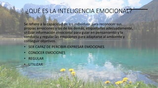 ¿QUÉ ES LA INTELIGENCIA EMOCIONAL?
Se refiere a la capacidad de los individuos para reconocer sus
propias emociones y las de los demás, etiquetarlas adecuadamente,
utilizar información emocional para guiar en pensamiento y la
conducta y regular las emociones para adaptarse al ambiente y
conseguir objetivos.
• SER CAPAZ DE PERCIBIR-EXPRESAR EMOCIONES
• CONOCER EMOCIONES
• REGULAR
• UTILIZAR
EDUCACIÓN EMOCIONAL 11/2/20XX 6
 