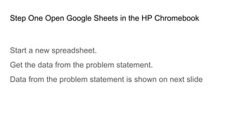 Step One Open Google Sheets in the HP Chromebook
Start a new spreadsheet.
Get the data from the problem statement.
Data from the problem statement is shown on next slide
 