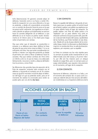 C U R S O D E P R I M E R N I V E L
E S C U E L A N A C I O N A L D E E N T R E N A D O R E S
46
tarlo (desmarcarse). En general, consiste alejar al
defensor, haciendo como si se fuera a recibir (fin-
tando la recepción) en una zona diferente a la que
se pretende, y desde ahí sorprenderlo arrancando
con un cambio de dirección hacia la zona en la que
se quiere recibir realmente. Los jugadores en el perí-
metro (donde se aplican principalmente) se acercan
hacia la canasta obligando así al defensor a que
defienda (si no lo hiciera se podría recibir directa-
mente en el interior para un tiro fácil) para luego
volver al perímetro con ventaja.
Hay que evitar que el atacante se acostumbre a
empujar a su defensor para dejar diáfana la línea
de pase (lo que entre otras cosas es falta). Y si no es
suficiente una finta, hay que evitar encadenarlas sin
sentido o intentar una segunda partiendo ya desde
el perímetro (sin volver a llevar al defensor hacia la
canasta). Hay que realizar cambios de ritmo entre
un intento y otro (o, lo que es mejor, si es adecuado
tácticamente, renunciar a recibir y alejarse del balón
tras la primera y única finta).
Se diferencian dos grandes tipos de ejecución de la
finta de recepción: evitando todo contacto con el
defensor o buscando el contacto con él. En ambos
casos es igual la maniobra inicial de alejar al defen-
sor del lugar en que se pretende recibir, pero en el
momento de realizar la arrancada para recibir se
puede optar por uno de los d
dos tipos:
1) SIN CONTACTO:
Buscar la espalda del defensor rehuyendo el con-
tacto (para que no pueda sustituir el control visual
por el tacto) y aplicar una salida muy explosiva con
un paso abierto hacia el lugar de recepción. Se
puede realizar una finta de salida previa a la
"explosión" con un paso abierto muy corto en
dirección contraria a la que se quiere salir, para lle-
var a ese pie todo el peso del cuerpo, ayudándose
de los hombros, que fintan también en esa direc-
ción. Desde ahí se da el paso abierto de la arran-
cada, largo y fuerte. La clave para su efectividad es
imprimir un cambio de ritmo, no solo de dirección:
explosivo, por sorpresa y por su espalda.
La fintas sin contacto son las más rápidas pero
no siempre se puede recibir exactamente en una
determinada zona del campo y al primer inten-
to, por ello son las mejores para un ataque
basado en juego libre, pero no siempre para un
juego sistematizado, que requiere más precisión
en el momento y el lugar de la recepción.
2) CON CONTACTO:
Acercarse al defensor, colocarse a su lado, y en
el momento del contacto dar un paso corto cru-
zado por delante del pie más cercano del defen-
sor (metiéndose en su trayectoria defensiva de la
ACCIONES JUGADOR SIN BALÓN
BLOQUEOS
PUERTA
ATRÁS
Hacia el aro
Hacia el balón
Alejarse del balón
Sin contacto
Con contacto
Directos
Indirectos
Ganar la espalda
al defensor
CORTES FINTAS
DE RECEPCIÓN
 