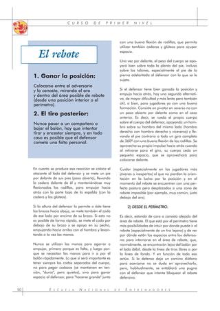 C U R S O D E P R I M E R N I V E L
E S C U E L A N A C I O N A L D E E N T R E N A D O R E S
50
En cuanto se produce esa reacción se coloca el
atacante al lado del defensor y se mete un pie
por delante de sus pies (paso abierto), llevando
la cadera delante de él y manteniéndose muy
flexionadas las rodillas, para empujar hacia
atrás con la parte baja de la espalda (con la
cadera y los glúteos).
Si la altura del defensor lo permite o éste tiene
los brazos hacia abajo, se mete también el codo
de ese lado por encima de su brazo. Si esto no
es posible de forma rápida, se mete el codo por
debajo de su brazo y se apoya en su pecho,
empujando hacia arriba con el hombro y levan-
tando a la vez las manos.
Nunca se utilizan las manos para agarrar o
empujar, primero porque es falta, y luego por-
que se necesitan las manos para ir a por el
balón rápidamente. Lo que sí será importante es
tener siempre los codos separados del cuerpo,
no para pegar codazos (se mantienen en ten-
sión, "duros", pero quietos), sino para ganar
espacio al defensor, para "hacerse grande" junto
con una buena flexión de rodillas, que permita
utilizar también caderas y glúteos para ocupar
espacio.
Una vez por delante, el peso del cuerpo se apo-
yará bien sobre toda la planta del pie, incluso
sobre los talones, especialmente el pie de la
pierna adelantada al defensor con la que se le
sujeta.
Si el defensor tiene bien ganada la posición y
empuja hacia atrás, hay una segunda alternati-
va, de mayor dificultad y más lenta pero también
útil, si bien, para jugadores ya con una buena
formación. Consiste en pivotar en reverso no con
un paso abierto por delante como en el caso
anterior. Es decir, se rueda el propio cuerpo
sobre el cuerpo del defensor, apoyando un hom-
bro sobre su hombro del mismo lado (hombro
derecho con hombro derecho y viceversa) y lle-
vando el pie contrario a todo un giro completo
de 360º con una buena flexión de las rodillas. Se
aprovecha su propio impulso hacia atrás cuando
al retirarse para el giro, su cuerpo ceda un
pequeño espacio, que se aprovechará para
colocarse delante.
Cuidar (especialmente en los jugadores más
jóvenes o inexpertos) el que no pierdan la orien-
tación en la lucha por la posición y en el
momento del rebote se encuentren con una per-
fecta postura pero desplazados a una zona de
rebote imposible (por ejemplo, muy común, justo
debajo del aro).
2) DESDE EL PERÍMETRO:
Es decir, estando de cara a canasta alejado del
área de rebote. El que está por el perímetro tiene
más posibilidades de intuir por donde puede ir el
rebote (especialmente de un tiro lejano) y de ver
por dónde están los espacios entre los defenso-
res para internarse en el área de rebote, que,
normalmente, se encontrarán lejos del balón por
el lado débil, desde la línea de tiros libres o por
la línea de fondo. Y en función de todo eso
actúa. Si la defensa deja un camino diáfano
para acercarse no se duda en aprovecharlo,
pero, habitualmente, se entablará una pugna
con el defensor que intenta bloquear el rebote
defensivo.
El rebote
1. Ganar la posición:
Colocarse entre el adversario
y la canasta, mirando el aro
y dentro del área posible de rebote
(desde una posición interior o el
perímetro).
2. El tiro posterior:
Nunca pasar a un compañero o
bajar el balón, hay que intentar
tirar y encestar siempre, y en todo
caso es posible que el defensor
cometa una falta personal.
 