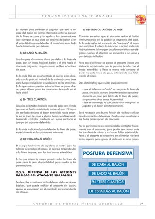 F U N D A M E N T O S I N D I V I D U A L E S
A N T O N I O D E T O R R E S - N I E V E S A R J O N I L L A 77
Es idónea para defender al jugador que está a un
pase del balón de forma intermedia entre la presión
de la línea de pase y la ayuda a las penetraciones
(por ejemplo, al que está por encima del balón o en
el lado débil) o para defender al poste bajo en el lado
fuerte totalmente por delante.
b) DE LADO AL BALÓN:
Los dos pies a la misma altura paralelos a la línea de
pase, con un brazo hacia el balón y el otro hacia el
atacante asignado, ninguna mano se lleva a la línea
de pase.
Es la más fácil de enseñar (todo el cuerpo está aline-
ado con la posición natural de la cabeza) como base
para luego evolucionar a cualquiera de las otras tres.
Es la que menos presión sobre la línea de pase ofre-
ce, pero idónea para las posiciones de ayuda en el
lado débil.
c) EN "TRES CUARTOS":
Los pies orientados hacia la línea de pase con el más
cercano al balón adelantado sobre el otro. El brazo
de ese lado cercano al balón extendido hacia delan-
te en la línea de pase y el otro brazo semiflexionado
buscando controlar mediante un suave contacto el
cuerpo del atacante defendido.
Es la más tradicional para defender la línea de pase,
especialmente en las posiciones interiores.
d) DE ESPALDAS AL BALÓN:
El cuerpo totalmente de espaldas al balón (con los
talones orientados al balón), el cuerpo perpendicular
a la línea de pase, con los dos brazos extendidos.
Es la que ofrece la mayor presión sobre la línea de
pase pero la peor disponibilidad para ayudar a las
penetraciones.
2.5.5. DEFENSA DE LAS ACCIONES
BÁSICAS DEL ATACANTE SIN BALÓN
Se describe a continuación la defensa de las acciones
básicas, que puede realizar el atacante sin balón,
según se expusieron en el apartado correspondiente
de ataque.
a) DEFENSA DE LA LÍNEA DE PASE:
Consiste en evitar que el atacante reciba el balón
interrumpiendo en lo posible la trayectoria del pase.
Es la aplicación del concepto de "presionar" al juga-
dor sin balón. Es decir, la intención o actitud indicada
habitualmente (al margen de planteamientos estraté-
gicos) cuando el atacante se encuentra a un pase y
por debajo del balón.
Para eso el defensor se acerca al atacante (hasta una
distancia aproximada que le permita tocarlo con el
brazo extendido) y lleva la mano más cercana al
balón hacia la línea de pase, extendiendo ese total-
mente el brazo.
Dos detalles hay que cuidar especialmente:
- que el defensor no "meta" su cuerpo en la línea de
pase, sino sólo la mano (manteniéndose aproxima-
damente un paso por detrás de la línea de pase),
lo que entre otras cosas le permitirá
- que se mantenga la adecuada visión marginal: al
jugador y al balón simultáneamente.
Será necesaria una buena flexión de rodillas y utilizar
desplazamientos defensivos rápidos para ajustarse a
las fintas de recepción del atacante.
Por el perímetro no es recomendable contactar física-
mente con el atacante, para poder reaccionar ante
los cambios de ritmo y no hacer faltas sujetándolo.
Pero si el atacante se encuentra en el interior no tiene
tanto espacio para ganar al defensor en una arran-
DE CARA AL BALÓN
DE LADO AL BALÓN
EN “TRES CUARTOS”
DE ESPALDAS AL BALÓN
POSTURA DEFENSIVA
 