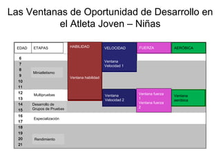 Las Ventanas de Oportunidad de Desarrollo en
el Atleta Joven – Niñas
HABILIDAD
Ventana habilidad
VELOCIDAD
Ventana
Velocidad 1
Ventana
Velocidad 2
FUERZA
Ventana fuerza
1
Ventana fuerza
2
AERÓBICA
Ventana
aeróbica
ETAPAS
EDAD
Miniatletismo
Desarrollo de
Grupos de Pruebas
Rendimiento
Multipruebas
Especialización
 