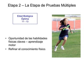 Etapa 2 – La Etapa de Pruebas Múltiples
Edad Biológica
Óptima
11 - 13
• Oportunidad de las habilidades
físicas claves – aprendizaje
motor
• Refinar el conocimiento físico.
 