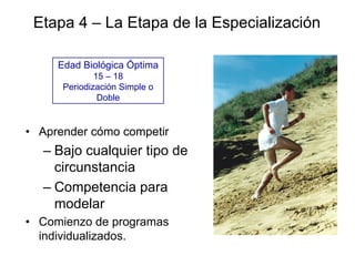 Etapa 4 – La Etapa de la Especialización
Edad Biológica Óptima
15 – 18
Periodización Simple o
Doble
• Aprender cómo competir
– Bajo cualquier tipo de
circunstancia
– Competencia para
modelar
• Comienzo de programas
individualizados.
 