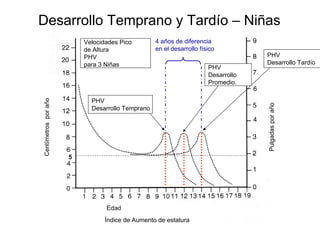 Desarrollo Temprano y Tardío – Niñas
5
Velocidades Pico
de Altura
PHV
para 3 Niñas
PHV
Desarrollo Temprano
PHV
Desarrollo
Promedio.
PHV
Desarrollo Tardío
4 años de diferencia
en el desarrollo físico
Centímetros
por
año
Pulgadas
por
año
Edad
Índice de Aumento de estatura
 