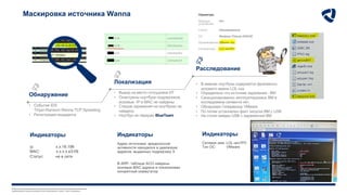Любое несанкционированное копирование, раскрытие или распространение материалов,
содержащихся в данном документе (или приложениях к нему), строго запрещено.
Обнаружение
• Событие IDS
Trojan-Ransom.Wanna.TCP.Spreading
• Регистрация инцидента
Маскировка источника Wanna
Локализация
• Выезд на место сотрудника ИТ
• Осмотрены ноутбуки подрядчиков,
искомые IP и MAC не найдены
• Следов заражения на ноутбуках не
найдено.
• Ноутбук не передан BlueTeam
Расследование
• В именах ноутбука содержатся фрагменты
искомого имени LOL-xxx
• Определено что источник заражения - ВМ
• Санкционированно эксплуатируемых ВМ в
исследуемом сегменте нет.
• Обнаружен Гипервизор VMware
• По логам установлен факт запуска ВМ с USB
• На столе найден USB c зараженной BM
Индикаторы
Ip: х.х.16.198
MAC: х.х.х.х.e3:09
Статус: не в сети
Индикаторы
Адрес источника вредоносной
активности находился в диапазоне
адресов, выданных подрядчику Х
В ARP- таблице АСО найдены
искомые MAC адреса и локализован
конкретный коммутатор
Индикаторы
Сетевое имя: LOL-win7PC
Тип ОС: VMware
 