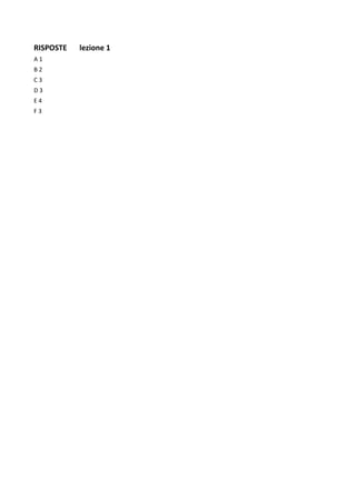 RISPOSTE lezione 1
A 1
B 2
C 3
D 3
E 4
F 3
 