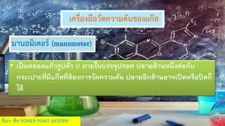เครื่องมือวัดความดันของแก๊ส
มานอมิเตอร์ (manometer)
• เป็นหลอดแก้วรูปตัว U ภายในบรรจุปรอท ปลายด้านหนึ่งต่อกับ
กระเปาะที่มีแก๊สที่ต้องการวัดความดัน ปลายอีกด้านอาจเปิดหรือปิดก็
ได้
ที่มา: สื่อ POWER POINT AKSORN
 