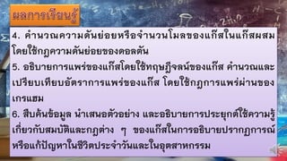 4. คานวณความดันย่อยหรือจานวนโมลของแก๊สในแก๊สผสม
โดยใช้กฎความดันย่อยของดอลตัน
5. อธิบายการแพร่ของแก๊สโดยใช้ทฤษฎีจลน์ของแก๊ส คานวณและ
เปรียบเทียบอัตราการแพร่ของแก๊ส โดยใช้กฎการแพร่ผ่านของ
เกรแฮม
6. สืบค้นข้อมูล นาเสนอตัวอย่าง และอธิบายการประยุกต์ใช้ความรู้
เกี่ยวกับสมบัติและกฎต่าง ๆ ของแก๊สในการอธิบายปรากฏการณ์
หรือแก้ปัญหาในชีวิตประจาวันและในอุตสาหกรรม
 