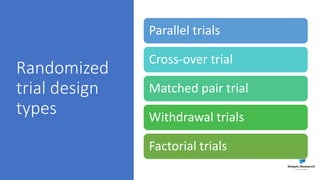 Randomized
trial design
types
Parallel trials
Cross-over trial
Matched pair trial
Withdrawal trials
Factorial trials
 
