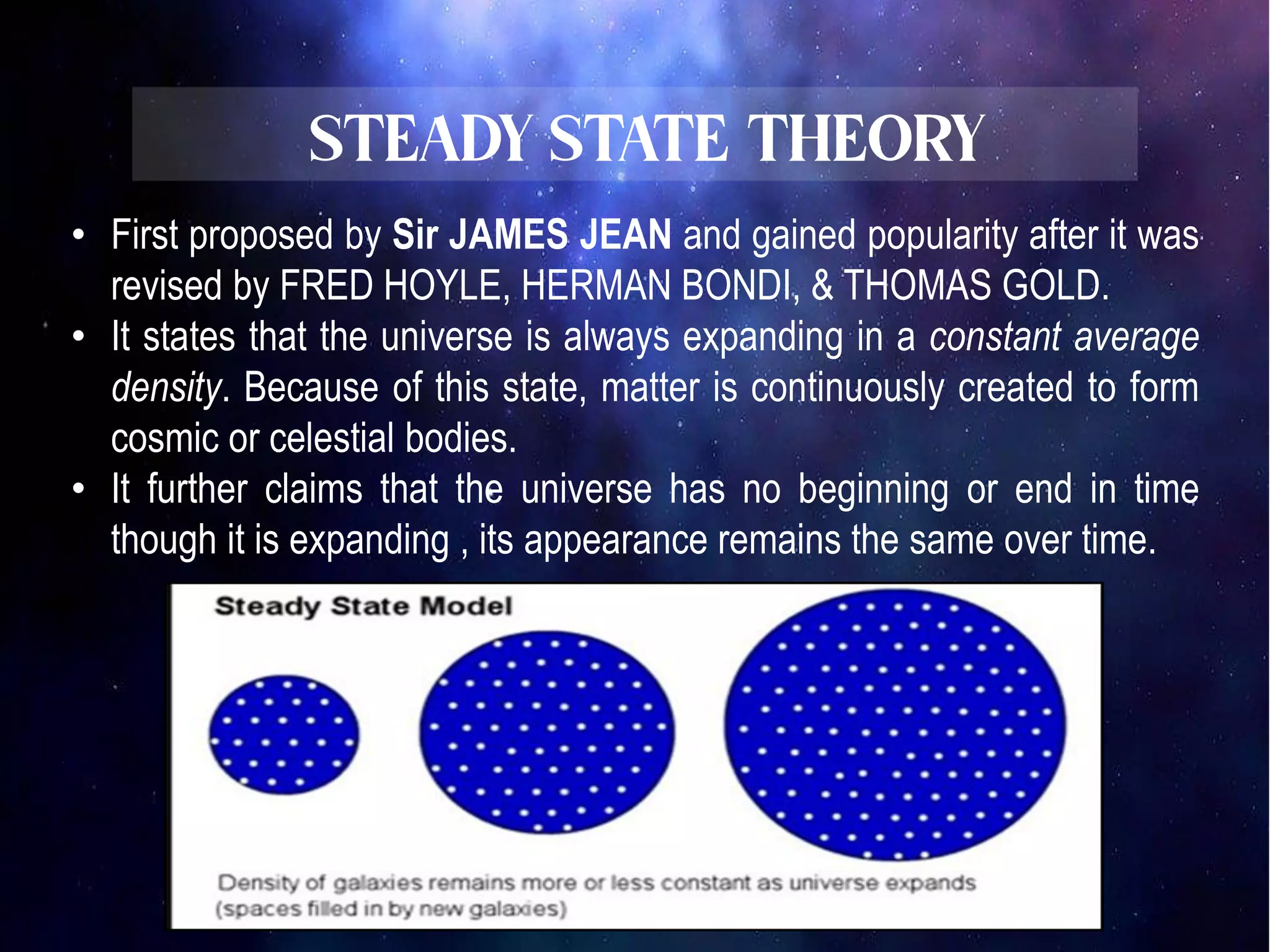 • First proposed by Sir JAMES JEAN and gained popularity after it was
revised by FRED HOYLE, HERMAN BONDI, & THOMAS GOLD.
• It states that the universe is always expanding in a constant average
density. Because of this state, matter is continuously created to form
cosmic or celestial bodies.
• It further claims that the universe has no beginning or end in time
though it is expanding , its appearance remains the same over time.
 