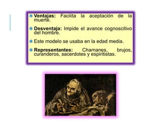 Ventajas: Facilita la aceptación de la
muerte.
Desventaja: Impide el avance cognoscitivo
del hombre.
Este modelo se usaba en la edad media.
Representantes: Chamanes, brujos,
curanderos, sacerdotes y espiritistas.
 