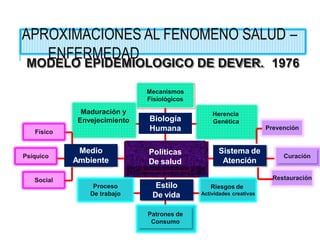MODELO EPIDEMIOLOGICO DE DEVER. 1976
Políticas
De salud
Proceso
De trabajo
Riesgos de
Actividades creativas
Estilo
De vida
Maduración y
Envejecimiento Biología
Humana
Mecanismos
Fisiológicos
Patrones de
Consumo
Sistema de
Atención
Curación
Psíquico
Físico
Social Restauración
Prevención
Medio
Ambiente
Herencia
Genética
APROXIMACIONES AL FENOMENO SALUD –
ENFERMEDAD
 