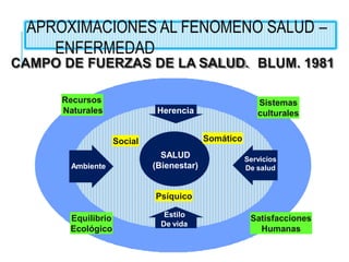 APROXIMACIONES AL FENOMENO SALUD –
ENFERMEDAD
SALUD
(Bienestar)
Estilo
De vida
Herencia
Ambiente
Servicios
De salud
Equilibrio
Ecológico
Recursos
Naturales
Sistemas
culturales
Satisfacciones
Humanas
Social
Psíquico
Somático
CAMPO DE FUERZAS DE LA SALUD. BLUM. 1981
 