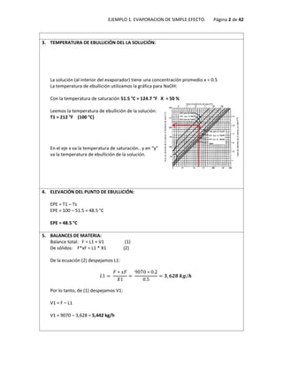 EJEMPLO 1. EVAPORACION DE SIMPLE EFECTO. Página 2 de 42
3. TEMPERATURA DE EBULLICIÓN DEL LA SOLUCIÓN:
La solución (al interior del evaporador) tiene una concentración promedio x = 0.5
La temperatura de ebullición utilizamos la gráfica para NaOH:
Con la temperatura de saturación 51.5 °C = 124.7 °F X = 50 %
Leemos la temperatura de ebullición de la solución:
T1 = 212 °F (100 °C)
En el eje x va la temperatura de saturación.. y en “y”
va la temperatura de ebullición de la solución.
4. ELEVACIÓN DEL PUNTO DE EBULLICIÓN:
EPE = T1 – Ts
EPE = 100 – 51.5 = 48.5 °C
EPE = 48.5 °C
5. BALANCES DE MATERIA:
Balance total: F = L1 + V1 (1)
De sólidos: F*xF = L1 * X1 (2)
De la ecuación (2) despejamos L1:
𝐿1 =
𝐹 ∗ 𝑥𝐹
𝑋1
=
9070 ∗ 0.2
0.5
= 𝟑, 𝟔𝟐𝟖 𝒌𝒈/𝒉
Por lo tanto, de (1) despejamos V1:
V1 = F – L1
V1 = 9070 – 3,628 = 5,442 kg/h
 