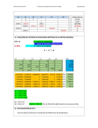 Operaciones Unitarias II 1.3 Sistemas de evaporación de efecto múltiple Página 23 de 42
Vo V1 V2 L2 A1 A2 = independiente
1 1 = 15,375
-1 1 = 5,125
2199.5 -2673.9 236.6 = 1653940
2265.2 -2612.2 -236.6 = -3652280
2199.5 -182250 = 0
2265.2 -181656 = 0
11. SOLUCIÓN DEL SISTEMA DE ECUACIONES (MÉTODO DE LA MATRIZ INVERSA):
A*X = B A = matriz de coeficientes
B = matriz de términos independientes
X = B/A X = matriz de incognitas
𝑿 = 𝑨−𝟏 ∗ 𝑩
Vo = 9208.0 kg/h
V1 = 8128.5 kg/h
V2 = 7246.5 kg/h
L2 = 13253.5 kg/h
A1 = 111.1 m²
A2 = 101.4 m² (Aprom = 106 m²) De ser diferentes debe hacerse una nueva corrida.
12. ACTUALIZACIÓN DE ∆T’s:
Con los valores anteriores se recalculan las diferencias de temperatura.
Vo V1 V2 L2 A1 A2 IND.
0 1.0 1 0.0 0 0 15375
0 -1 0 1 0 0 5125
2199.5 -2673.9 0 236.6 0 0 1653940
0 2265.2 -2612.2 -236.6 0 0 -3652280
2199.5 0 0 0 -182250 0 0
0 2265.2 0 0 0 -181656 0
0.623732817 -0.05107531 0.000454649 0.000238777 -3.71E-20 -9.3302E-20 V0= 9208.0
0.56287709 0.050982589 0 0.00021548 0 2.1276E-20 V1= 8128.5
0.43712291 -0.05098259 0 -0.00021548 0 -8.189E-20 V2= 7246.5
0.56287709 1.050982589 -3.44845E-19 0.00021548 3.448E-19 1.1078E-18 L2= 13253.5
0.007527574 -0.00061641 5.48697E-06 2.8817E-06 -5.49E-06 -1.126E-21 A1= 111.1
0.007018921 0.000635739 -3.80496E-22 2.68698E-06 3.805E-22 -5.5049E-06 A2= 101.4
 
