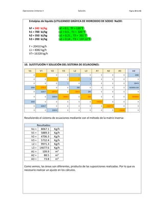 Operaciones Unitarias II Solución. Página 33 de 42
Entalpías de líquido (UTILIZANDO GRÁFICA DE HIDROXIDO DE SODIO NaOH:
hF = 340 kJ/kg (xF = 0.1, TF = 120 °F)
h1 = 700 kJ/kg (x1 = 0.5 , T1 = 320 °F)
h2 = 350 kJ/kg (x2 = 0.21 , T2 = 201 °F)
h3 = 200 kJ/kg (x3 = 0.14 , T3 = 137.12 °F)
F = 20410 kg/h
L1 = 4082 kg/h
VT= 16328 kg/h
10. SUSTITUCIÓN Y SOLUCIÓN DEL SISTEMA DE ECUACIONES:
Vo V1 V2 V3 L2 L3 A1 A2 A3 ind
0 -1 0 0 1 0 0 0 0 4082
0 0 -1 0 -1 1 0 0 0 0
0 0 0 1 0 1 0 0 0 20410
2020 -2793.5 0 0 350 0 0 0 0 3333633.333
0 2229.7 -2672.4 0 -350.0 200 0 0 0 0
0 0 2325.9 -2608.0 0 -200 0 0 0 -6939400
2020 0 0 0 0 0 -148230 0 0 0
0 2229.7 0 0 0 0 0 -148377.6 0 0
0 0 2325.9 0 0 0 0 0 -148248 0
Resolviendo el sistema de ecuaciones mediante con el método de la matriz inversa:
Resultados:
Vo = 8067.1 Kg/h
V1 = 5889.3 Kg/h
V2 = 4706.3 Kg/h
V3 = 5732.4 Kg/h
L2 = 9971.3 Kg/h
L3 = 14677.6 Kg/h
A1 = 109.9 m²
A2 = 88.5 m²
A3 = 73.8 m²
Como vemos, las áreas son diferentes, producto de las suposiciones realizadas. Por lo que es
necesario realizar un ajuste en los cálculos.
 