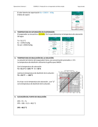 Operaciones Unitarias II EJEMPLO 2. Producción en un evaporador de efecto simple. Página 6 de 42
El calor latente de vaporización λo = 2183.9 kJ/kg
(Tablas de vapor)
2. TEMPERATURA DE SATURACIÓN EN EVAPORADOR:
El evaporador se encuentra a 13.3 kPa. Por lo que obtenemos la temperatura de saturación
del agua:
Ts = 51.5 °C
λs = 2378.4 kJ/kg
Hv sat = 2594.0 kJ/kg
3. TEMPERATURA DE EBULLICIÓN DEL LA SOLUCIÓN:
La solución (al interior del evaporador) tiene una concentración promedio x = 0.5
La temperatura de ebullición utilizamos la gráfica para NAOH:
Con la temperatura de saturación
Ts = 51.5 °C = 124.7 °F X = 50 %
Leemos la temperatura de ebullición de la solución:
T1 = 212 °F = 100 °C
En el eje x va la temperatura de saturación.. y en “y”
va la temperatura de ebullición de la solución.
4. ELEVACIÓN DEL PUNTO DE EBULLICIÓN:
EPE = T1 – Ts
EPE = 100 – 51.5 = 48.5 °C
EPE = 48.5 °C
 