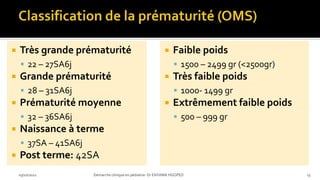  Très grande prématurité
 22 – 27SA6j
 Grande prématurité
 28 – 31SA6j
 Prématurité moyenne
 32 – 36SA6j
 Naissance à terme
 37SA – 41SA6j
 Post terme: 42SA
03/10/2021 Démarche clinique en pédiatrie- Dr ENYAMA HGOPED 13
 Faible poids
 1500 – 2499 gr (<2500gr)
 Très faible poids
 1000- 1499 gr
 Extrêmement faible poids
 500 – 999 gr
 