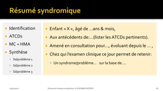  Enfant « X », âgé de …ans & mois,
 Aux antécédents de:…(lister les ATCDs pertinents).
 Amené en consultation pour…, évoluant depuis le … ,
 Chez qui l’examen clinique ce jour permet de retenir:
 Un syndrome/problème… sur la base de….
03/10/2021 Démarche clinique en pédiatrie- Dr ENYAMA HGOPED 28
 Identification
 ATCDs
 MC + HMA
 Synthèse
 Sd/problème 1
 Sd/problème 2
 Sd/problème 3
 