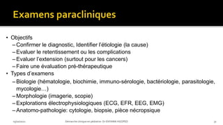 • Objectifs
–Confirmer le diagnostic, Identifier l’étiologie (la cause)
–Evaluer le retentissement ou les complications
–Evaluer l’extension (surtout pour les cancers)
–Faire une évaluation pré-thérapeutique
• Types d’examens
–Biologie (hématologie, biochimie, immuno-sérologie, bactériologie, parasitologie,
mycologie…)
–Morphologie (imagerie, scopie)
–Explorations électrophysiologiques (ECG, EFR, EEG, EMG)
–Anatomo-pathologie: cytologie, biopsie, pièce nécropsique
03/10/2021 Démarche clinique en pédiatrie- Dr ENYAMA HGOPED 31
 