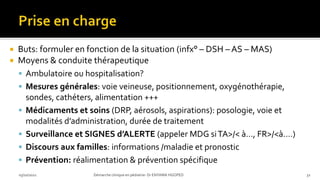  Buts: formuler en fonction de la situation (infx° – DSH – AS – MAS)
 Moyens & conduite thérapeutique
 Ambulatoire ou hospitalisation?
 Mesures générales: voie veineuse, positionnement, oxygénothérapie,
sondes, cathéters, alimentation +++
 Médicaments et soins (DRP, aérosols, aspirations): posologie, voie et
modalités d’administration, durée de traitement
 Surveillance et SIGNES d’ALERTE (appeler MDG siTA>/< à…, FR>/<à….)
 Discours aux familles: informations /maladie et pronostic
 Prévention: réalimentation & prévention spécifique
03/10/2021 Démarche clinique en pédiatrie- Dr ENYAMA HGOPED 32
 