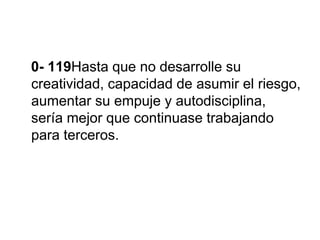 0- 119Hasta que no desarrolle su
creatividad, capacidad de asumir el riesgo,
aumentar su empuje y autodisciplina,
sería mejor que continuase trabajando
para terceros.
 