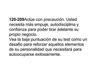 120-209Actúe con precaución. Usted
necesita más empuje, autodisciplina y
confianza para poder tirar adelante su
propio negocio.
Vea la baja puntuación de su test como un
desafio para reforzar aquellos elementos
de su personalidad que necesitará para
autoocuparse exitosamente.
 