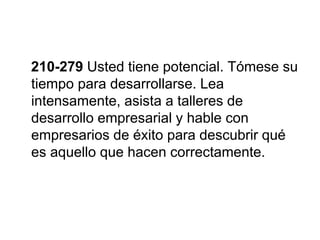 210-279 Usted tiene potencial. Tómese su
tiempo para desarrollarse. Lea
intensamente, asista a talleres de
desarrollo empresarial y hable con
empresarios de éxito para descubrir qué
es aquello que hacen correctamente.
 