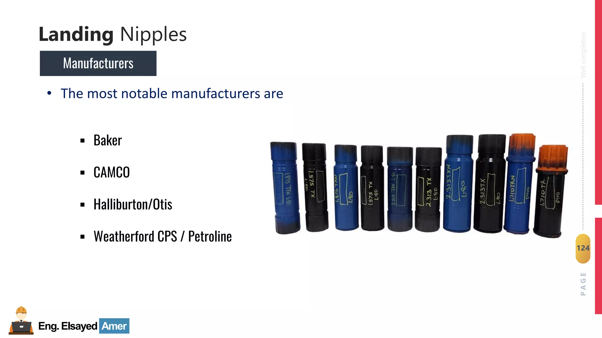 Eng.Elsayed Amer
P
A
G
E
124
Well
completion
Landing Nipples
• The most notable manufacturers are
▪ Baker
▪ CAMCO
▪ Halliburton/Otis
▪ Weatherford CPS / Petroline
Manufacturers
 