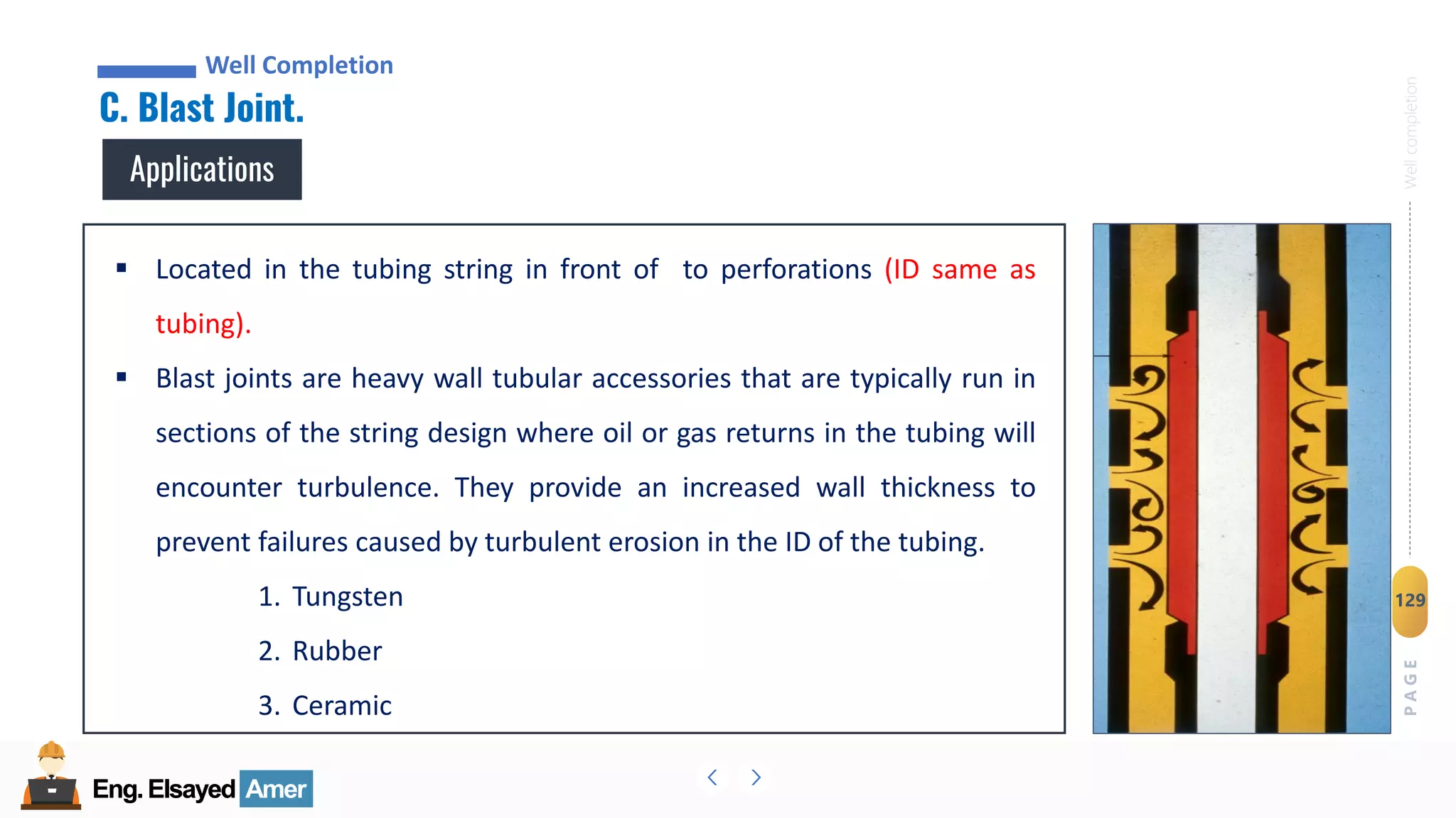 Eng.Elsayed Amer
P
A
G
E
129
Well
completion
Eng.Elsayed Amer
C. Blast Joint.
Well Completion
Applications
▪ Located in the tubing string in front of to perforations (ID same as
tubing).
▪ Blast joints are heavy wall tubular accessories that are typically run in
sections of the string design where oil or gas returns in the tubing will
encounter turbulence. They provide an increased wall thickness to
prevent failures caused by turbulent erosion in the ID of the tubing.
1. Tungsten
2. Rubber
3. Ceramic
 