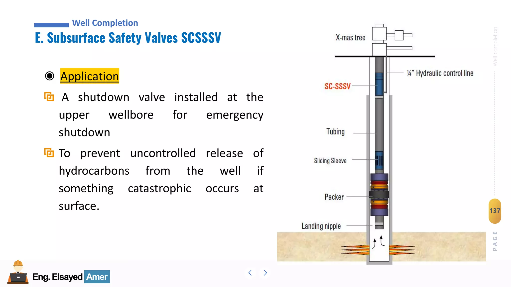 Eng.Elsayed Amer
P
A
G
E
137
Well
completion
Eng.Elsayed Amer
E. Subsurface Safety Valves SCSSSV
Well Completion
◉ Application
A shutdown valve installed at the
upper wellbore for emergency
shutdown
To prevent uncontrolled release of
hydrocarbons from the well if
something catastrophic occurs at
surface.
 