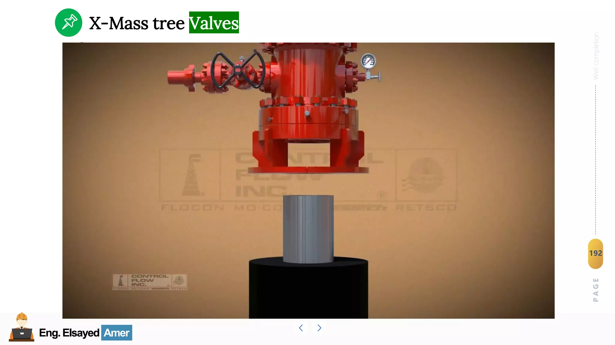 Eng.Elsayed Amer
P
A
G
E
192
Well
completion
Eng.Elsayed Amer
Christmas tree
X-Mass tree Valves
 